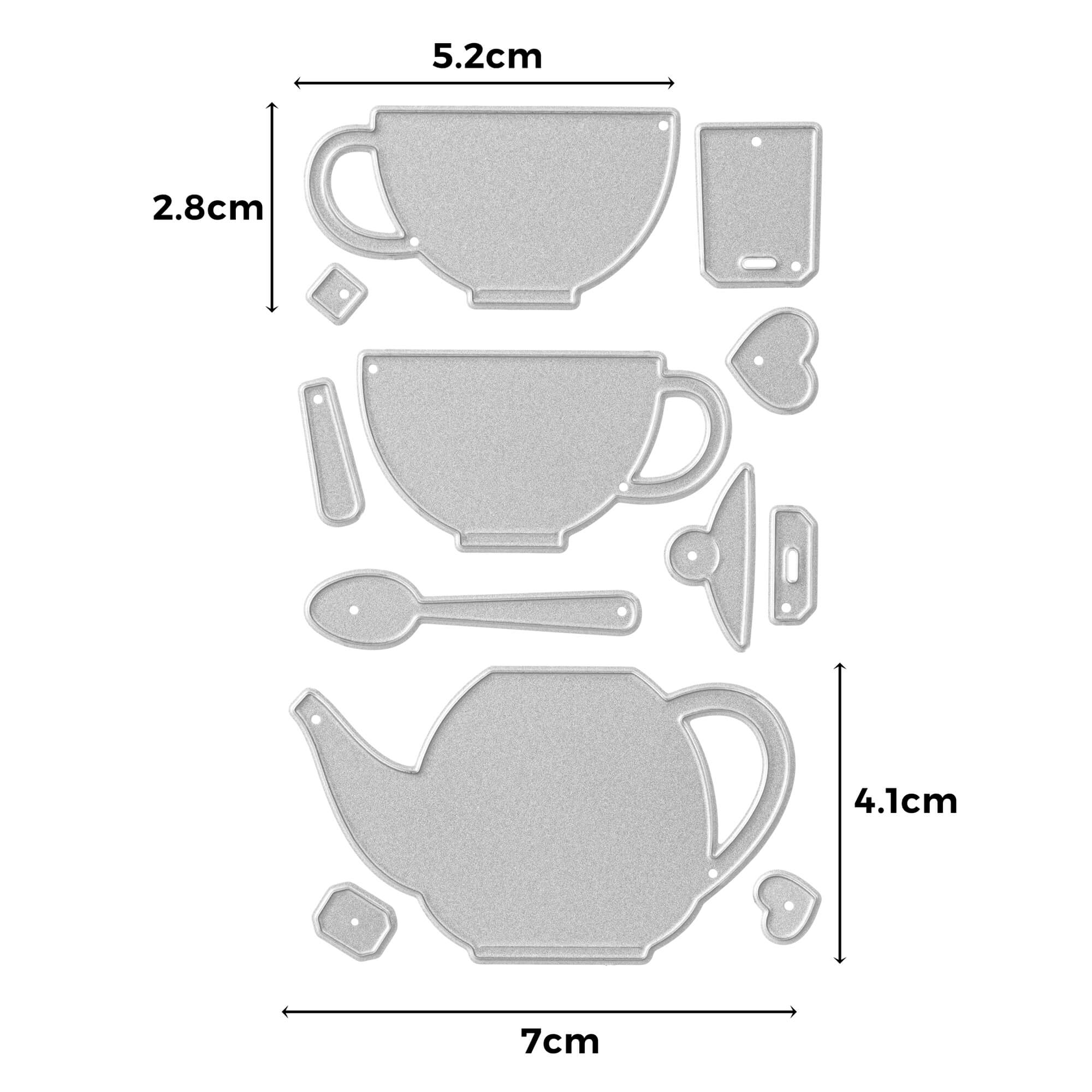 Die Stanzschablone Teetassen und Teekanne" von Stanzenshop.de enthält Stanzformen in Form einer Teekanne, Tassen, Löffel, Deckel, Herzen, Zuckerwürfel & Teebeutel - idealer Bastelbedarf zum Basteln mit detaillierten Zentimeterangaben für jedes Stück.