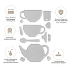 Stanzschablone Teetassen und Teekanne von Stanzenshop.de: Schneideset mit Tassen-, Kannen-, Löffel- und Herzmotiven sowie deutschem Text. Scharfe, langlebige Ränder - ideal für Bastelbedarf und kompatibel mit den meisten Stanzmaschinen.