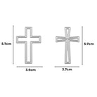 Stanzschablone Zwei Kreuze von Stanzenshop.de: Zwei silberne Kreuze, je 5,7 cm hoch; eines ist 3,9 cm breit (links), das andere 3,7 cm breit (rechts). Perfekt für Stanzen Scrapbooking; Maße durch Pfeile angezeigt.