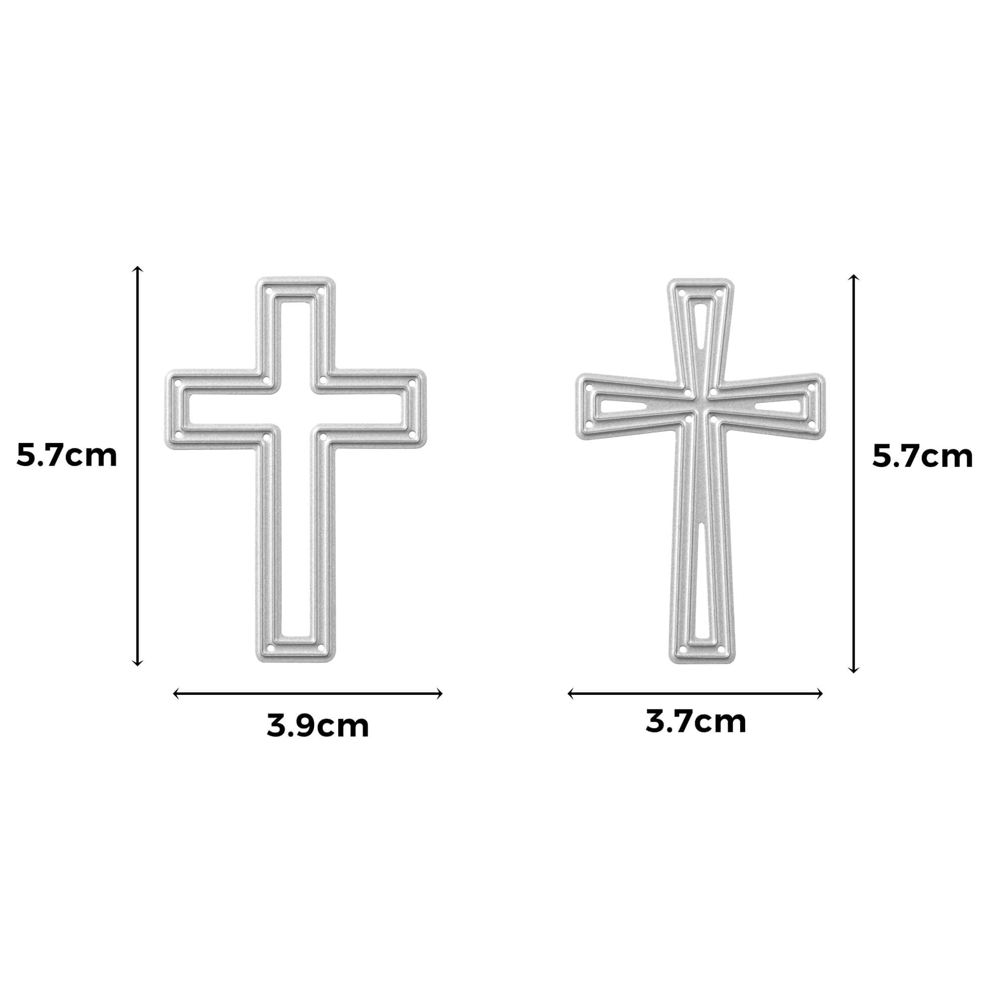 Stanzschablone Zwei Kreuze von Stanzenshop.de: Zwei silberne Kreuze, je 5,7 cm hoch; eines ist 3,9 cm breit (links), das andere 3,7 cm breit (rechts). Perfekt für Stanzen Scrapbooking; Maße durch Pfeile angezeigt.