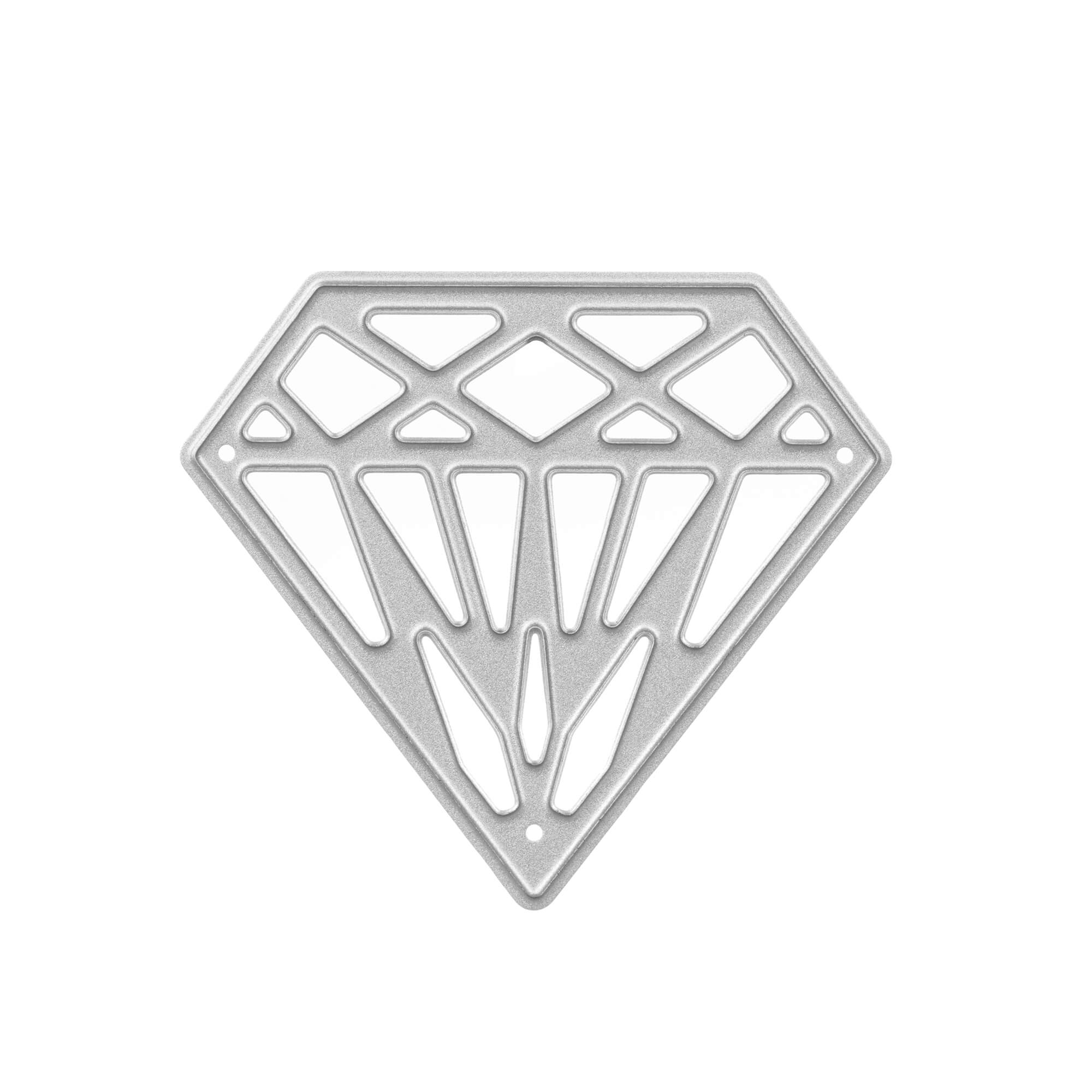 Die Stanzschablone Diamant von Stanzenshop.de ist eine silberne Metallstanze in Rautenform mit geometrischen Mustern - ideal für Scrapbooking oder Kartenherstellung auf weißem Hintergrund.