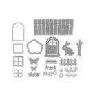 Das Stanzenshop.de Stanzschablone: Osterset enthält Metallstanzen in Form von Tür, Fenster, Zaun, Hase, Baum, Schmetterling, Blumen & mehr - ideal für Ostern Basteln und Osterstanzen. Alle Elemente sind auf einem weißen Hintergrund abgebildet.