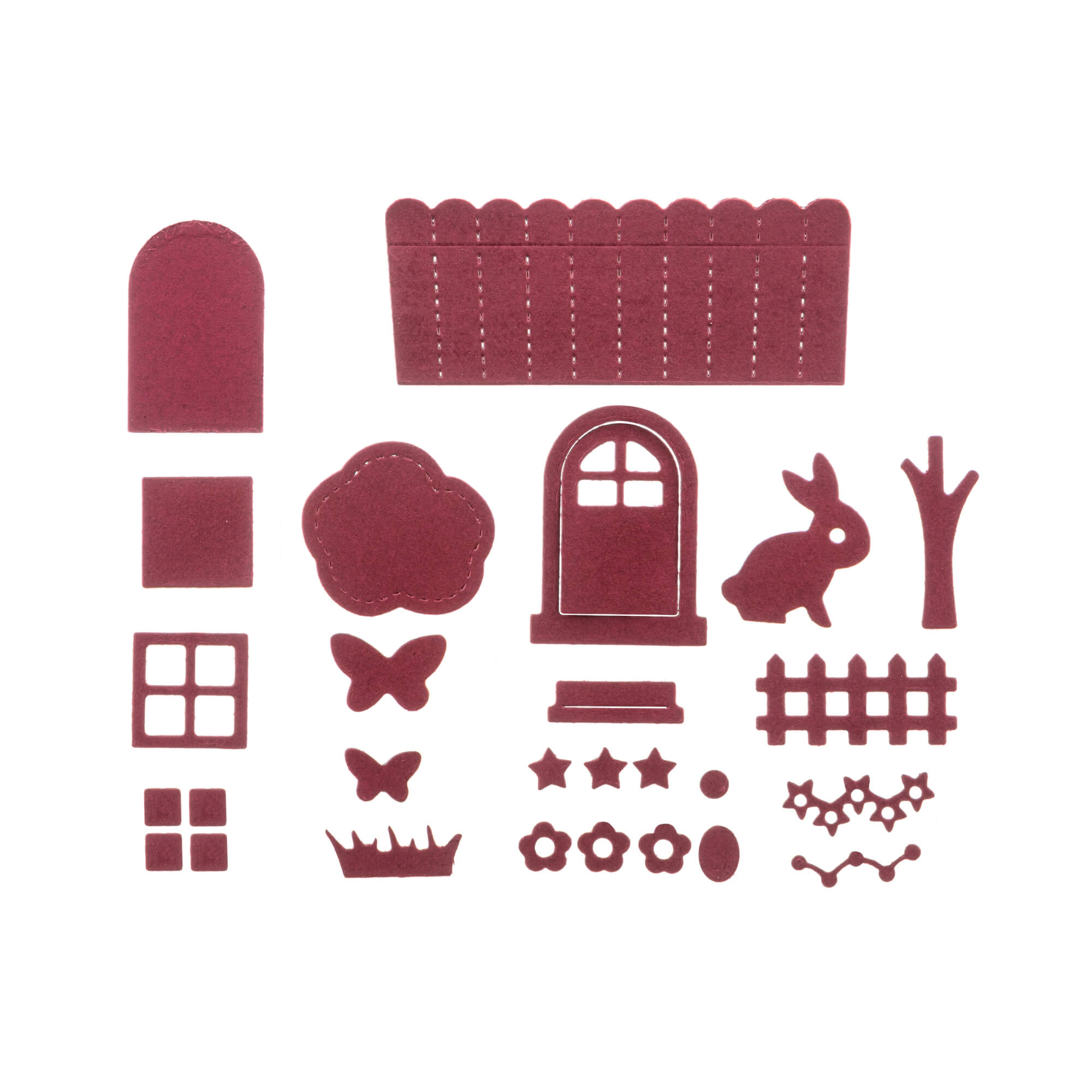 Die Stanzschablone: Osterset von Stanzenshop.de enthält verschiedene kastanienbraune Filzausschnitte - Tür, Fenster, Zaun, Hase, Schmetterling, Wolken, Bäume, Blumen, Sterne, Gras - ideal für Ostern Basteln und festliche Dekoration.