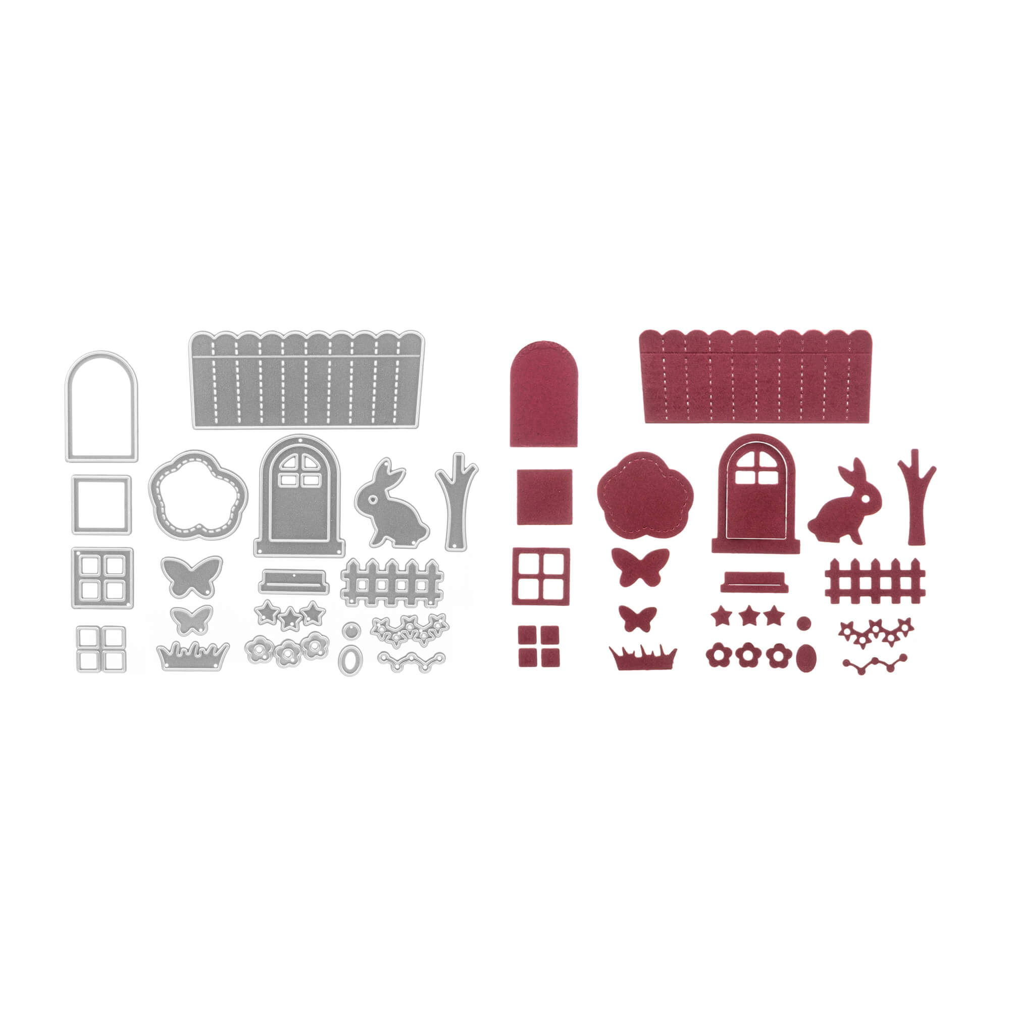 Gestanzte Hasen-, Zaun-, Fenster-, Blumen- und Baumformen aus Metall und Rot aus der Stanzschablone: Osterset von Stanzenshop.de-ideal für Ostern Basteln oder zum Aufwerten Ihrer Lieblingsstempelprojekte-auf weißem Hintergrund angeordnet.