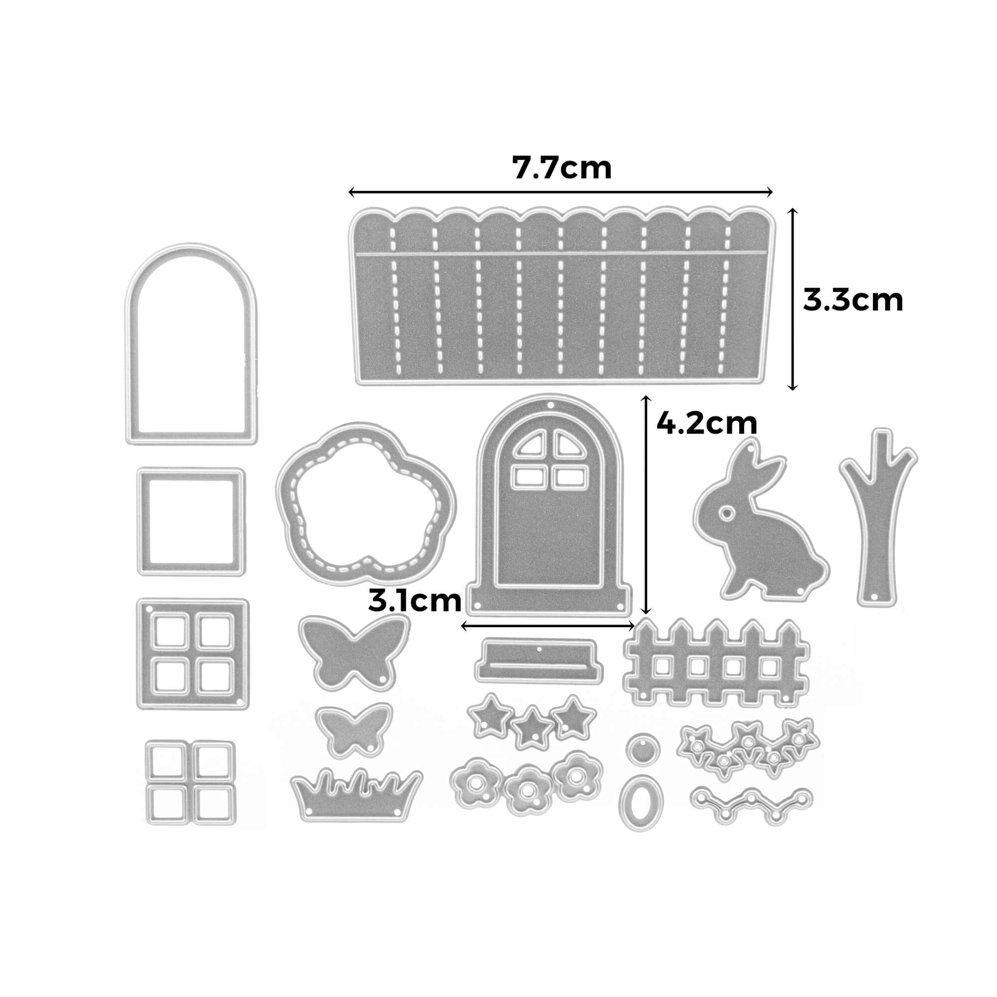 Das Stanzenshop.de Stanzschablone: Osterset enthält 19 Metallstanzen - Tür, Zaun, Fenster, Hase, Schmetterling, Blumen und Baum - ideal zum Basteln von Osterkarten. Für die Tür und den Zaun sind beschriftete Größen enthalten.