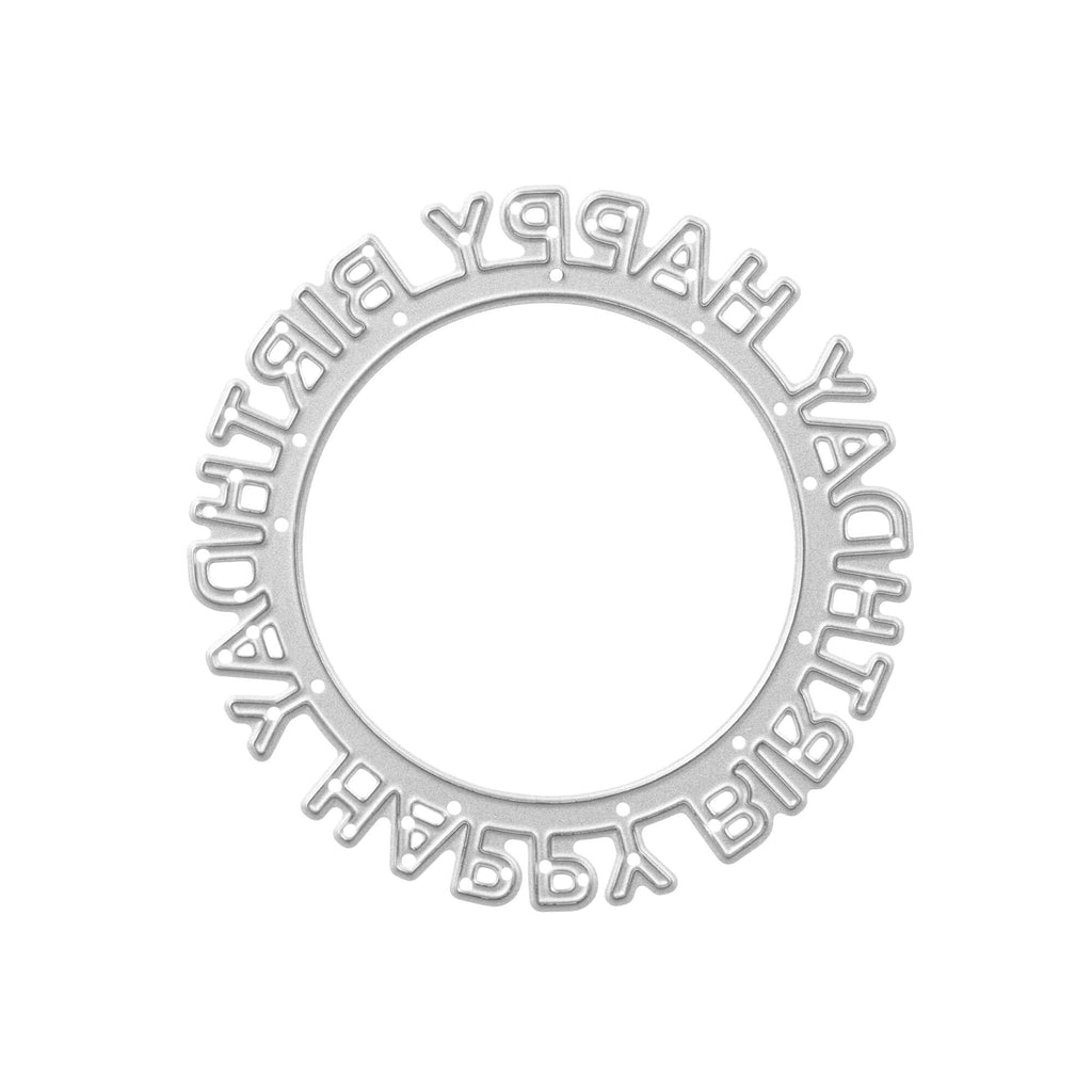Silbernes rundes Abzeichen-Emblem mit geprägtem Schriftzug und Stanzschablone Happy Birthday auf rundem Schriftzug isoliert auf weißem Hintergrund von Stanzenshop.de.