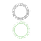 Die Stanzschablone Happy Birthday auf rundem Schriftzug von Stanzenshop.de besteht aus zwei runden Rahmen mit "HAPPY BIRTHDAY"-Ausschnitten in Silber und Hellgrün - perfekt für Scrapbooking, Kartengestaltung oder Geburtstagsprojekte.
