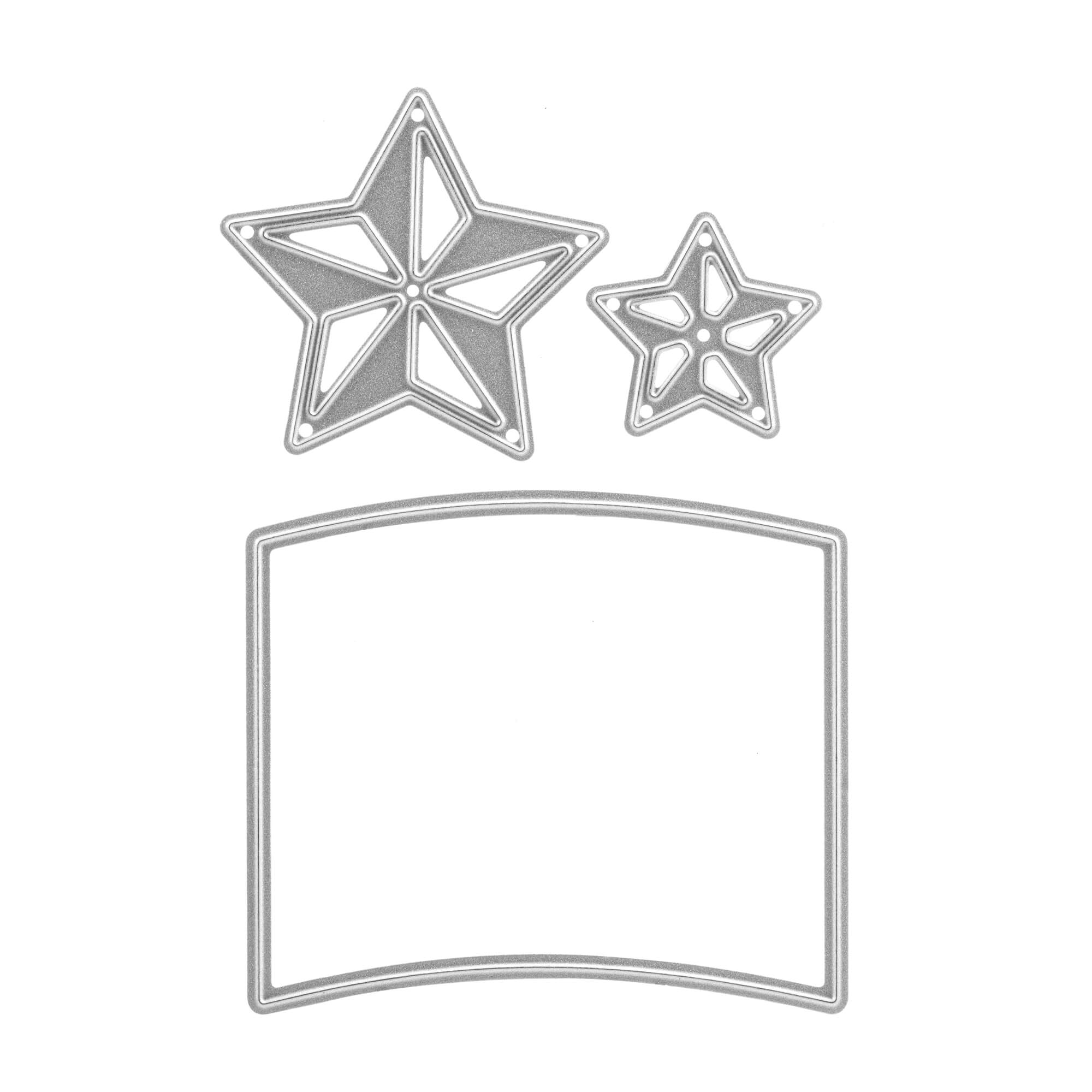 Zwei silberne "Stanzschablone: Stern mit Rahmen" von Stanzenshop.de, eine große und eine kleine, befinden sich über einer rechteckigen Stanze - ideal für Karten oder Ihr nächstes Bastelergebnis - auf weißem Hintergrund.