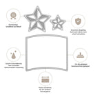 Der Stanzenshop.de Stanzschablone: Stern mit Rahmen zeigt ein Diagramm mit Stern und Rechteck, hebt scharfe Kanten, Langlebigkeit und Kompatibilität mit gängigen Maschinen für kreative Karten und perfektes Bastelergebnis hervor.