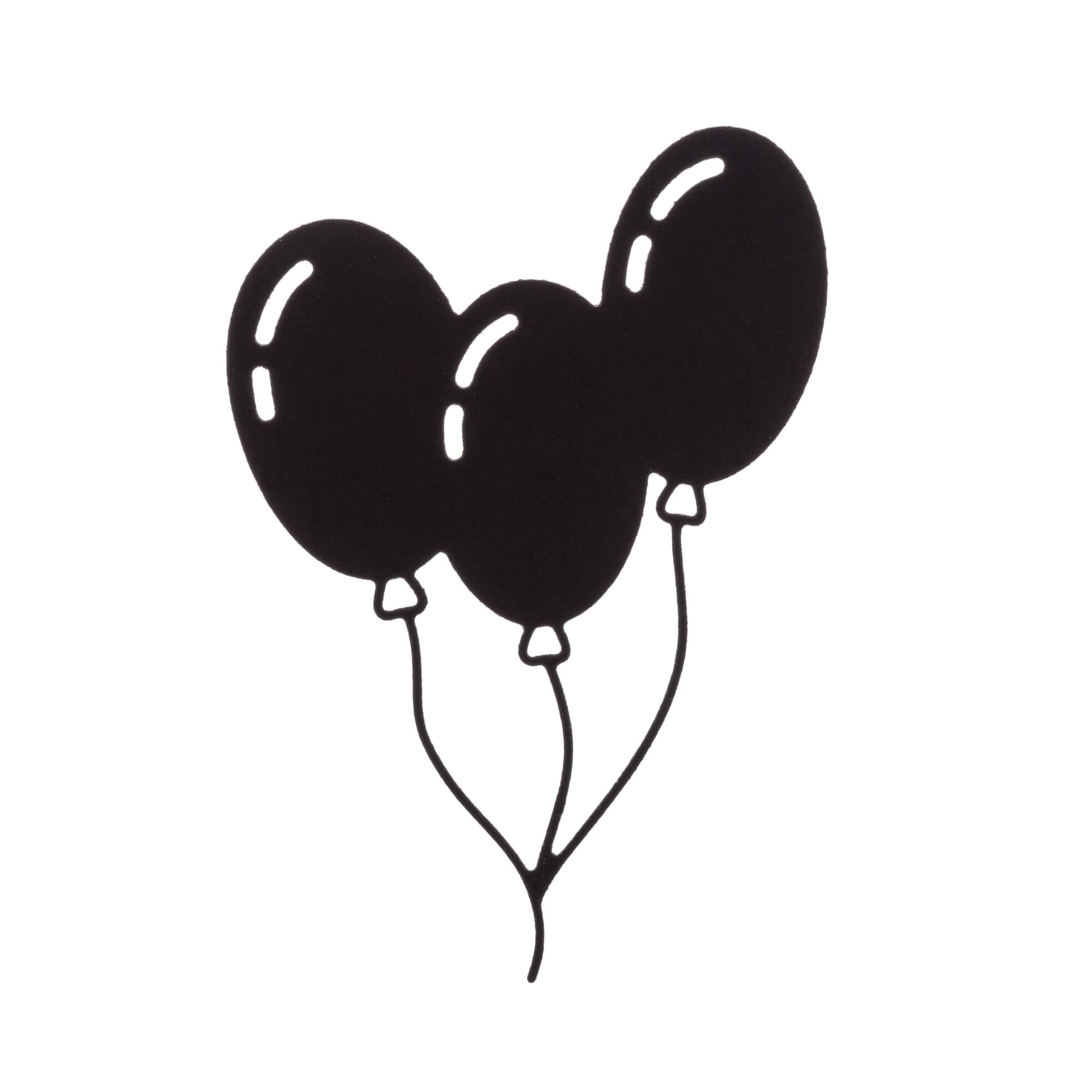 Die Stanzschablone Drei Luftballons von Stanzenshop.de zeigt drei schwarze Ballons mit weißen Highlights vor weißem Hintergrund - ideal fürs Basteln oder um Geburtstagskarten festlich zu gestalten.