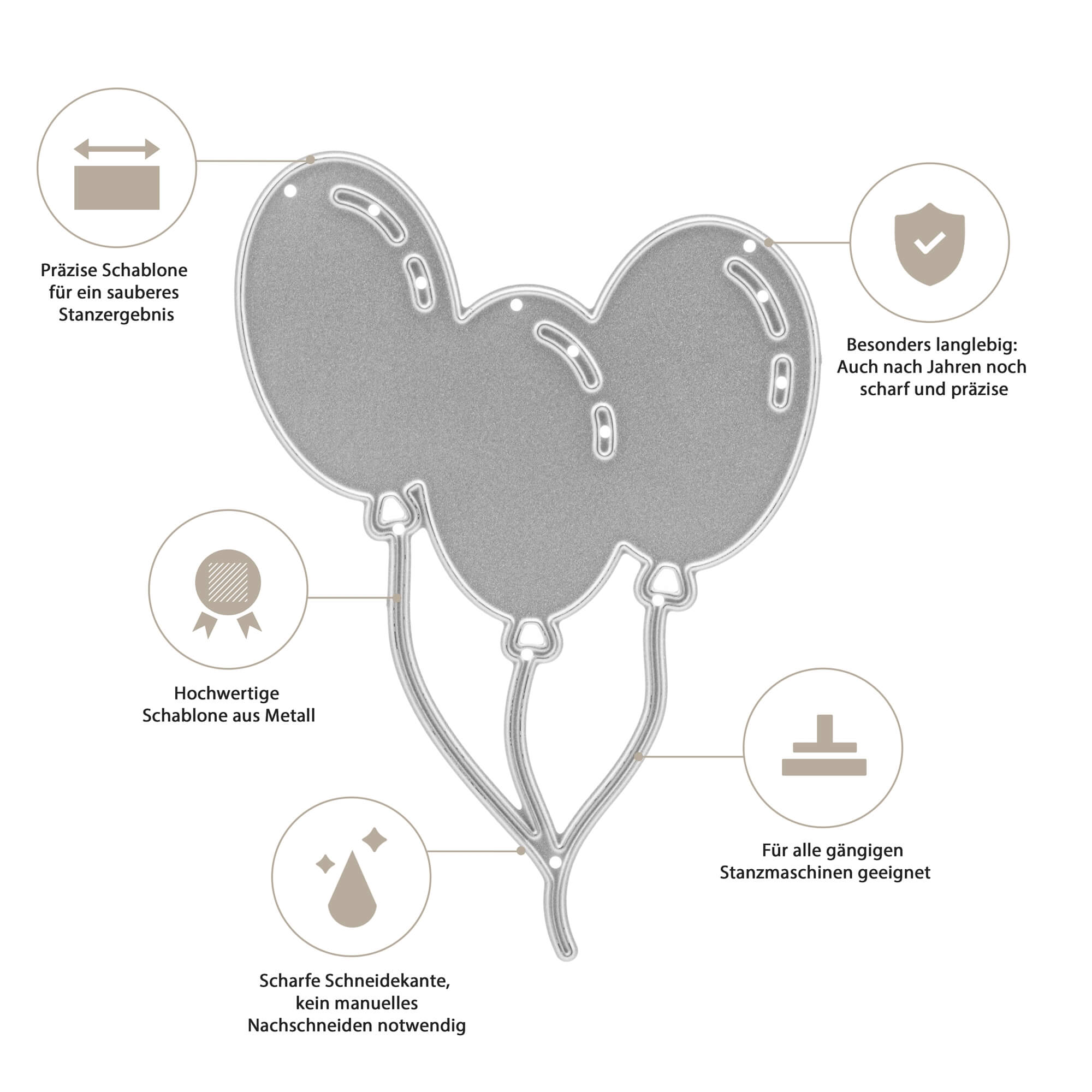 Die Stanzschablone Drei Luftballons von Stanzenshop.de zeigt drei präzise gestanzte Ballons aus Metall - langlebig, kompatibel und ideal fürs Basteln oder individuelle Geburtstagskarten.