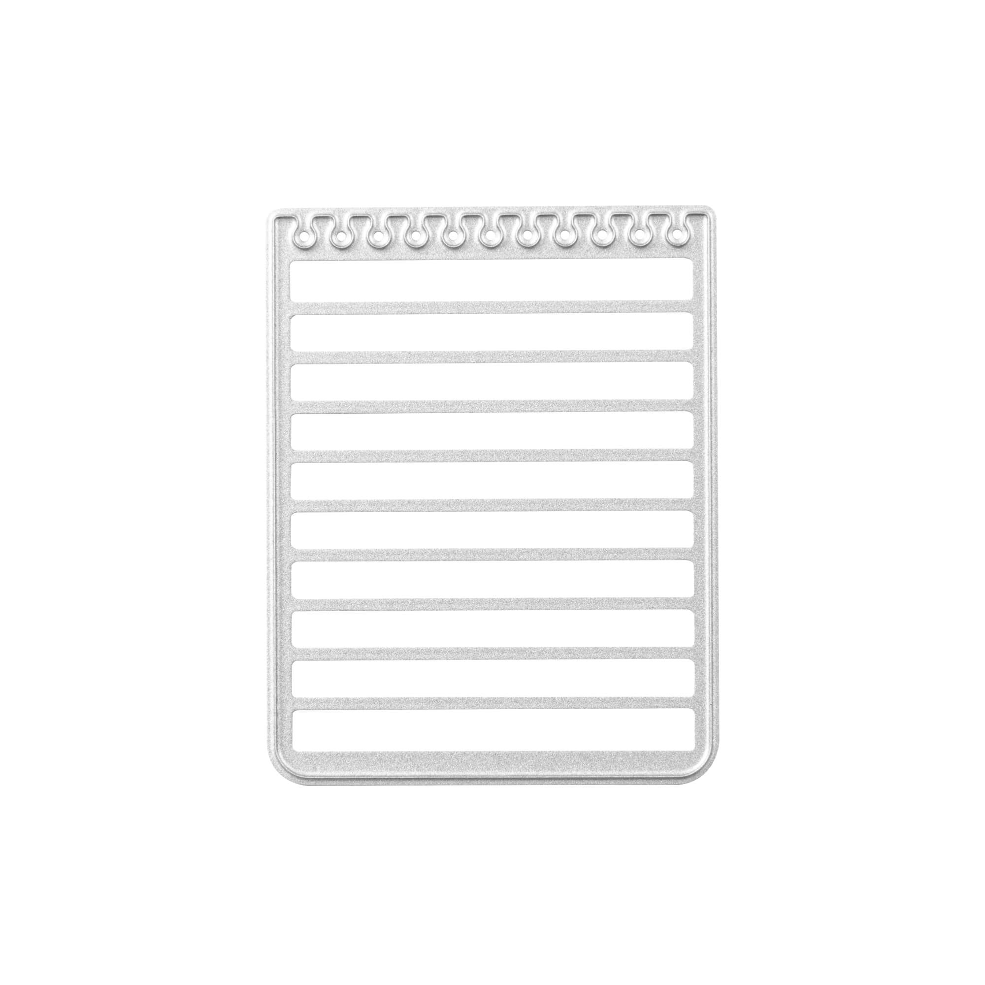 Die Stanzschablone Notizblock von Stanzenshop.de ist ein metallischer Notizblock in Form eines Stanzblocks mit Spiralbindung und neun horizontalen Schlitzen - ideal für Scrapbooking- und Bastelprojekte.