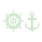 Die Stanzschablone Anker und Steuerrad von Stanzenshop.de zeigt hellgrüne Anker- und Steuerrad-Symbole auf weißem Hintergrund, ideal für Scrapbooking oder kreative Projekte.