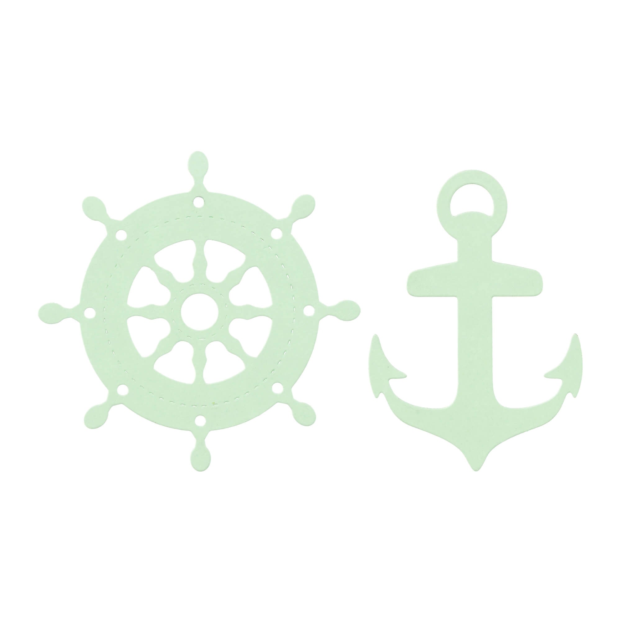 Die Stanzschablone Anker und Steuerrad von Stanzenshop.de zeigt hellgrüne Anker- und Steuerrad-Symbole auf weißem Hintergrund, ideal für Scrapbooking oder kreative Projekte.
