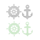 Zwei silberne und hellgrüne Schiffsräder und Anker, Stanzschablone Anker und Steuerrad von Stanzenshop.de, angeordnet in einem Quadrat auf Weiß. Ideal für Scrapbooking oder kreative Projekte mit Ihren Lieblingsstanzen.