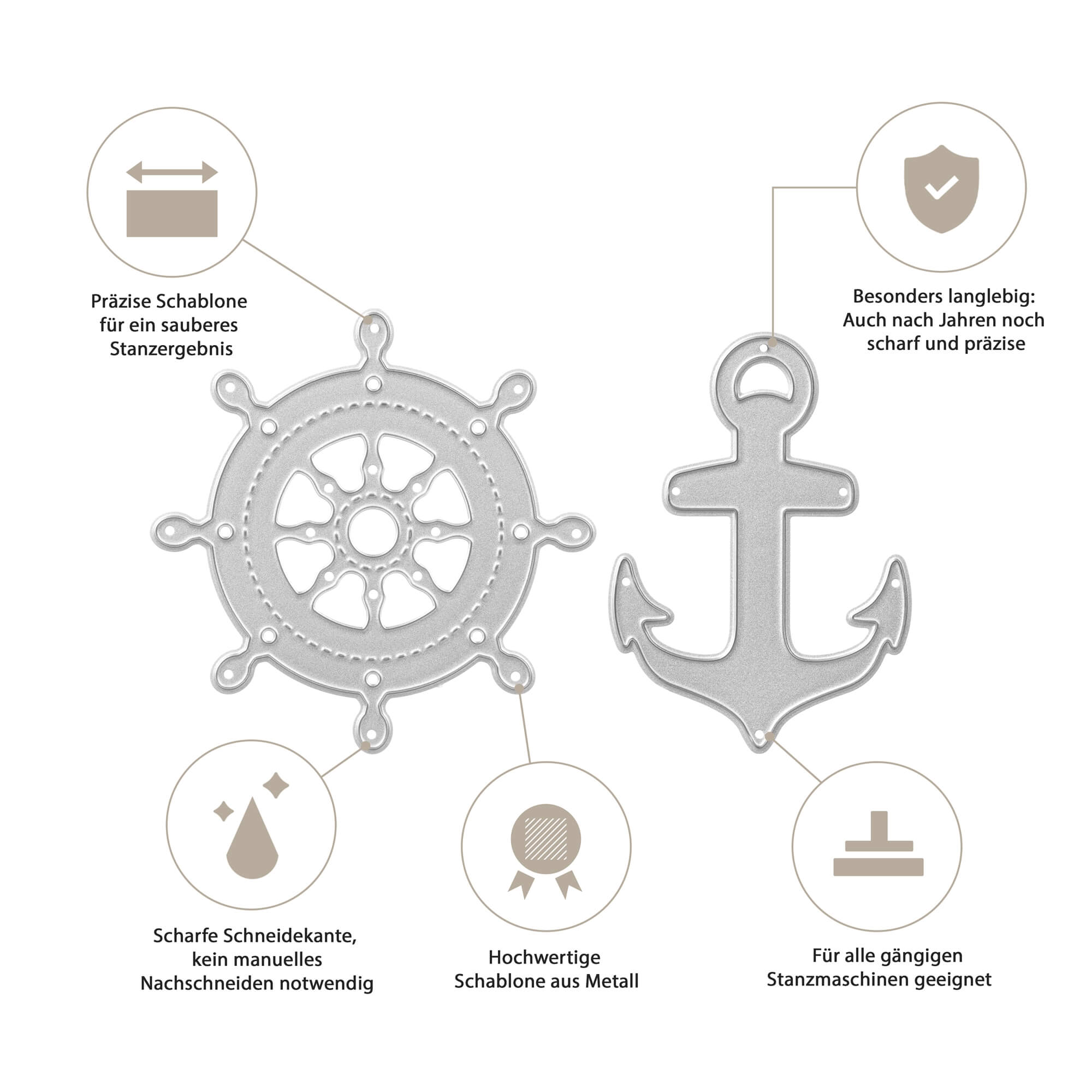 Die silberne Stanzschablone Anker und Steuerrad von Stanzenshop.de zeichnet sich durch präzise, langlebige Stanzformen mit scharfen Stanzkanten und Maschinengängigkeit aus - ideal für Ihr nächstes Scrapbooking-Projekt.
