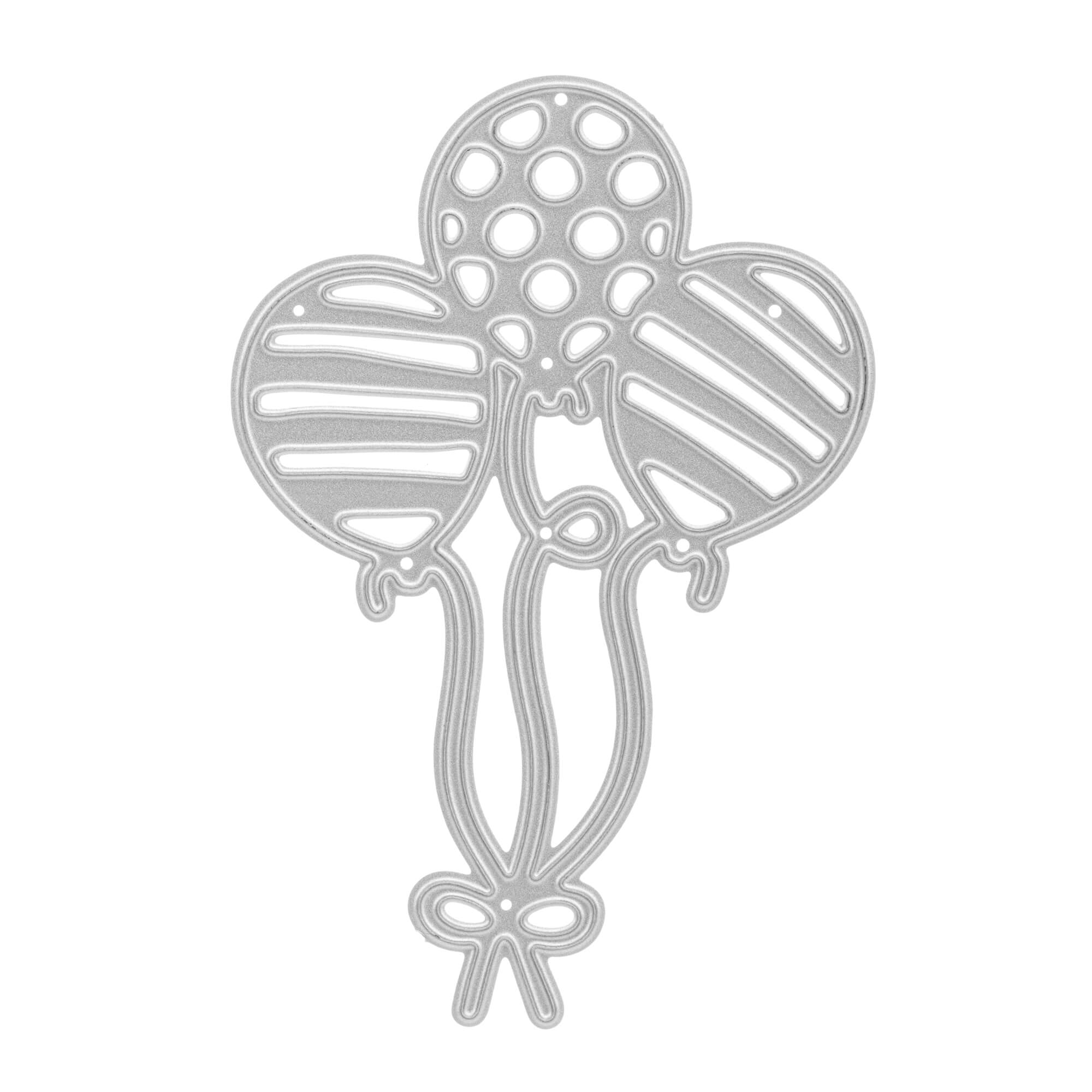Umrissdesign von drei gemusterten Luftballons, die mit einer Schleife gebunden werden - ideal für Scrapbooking oder Geburtstagsbasteleien mit der Stanzschablone Drei Luftballons mit Muster von Stanzenshop.de.