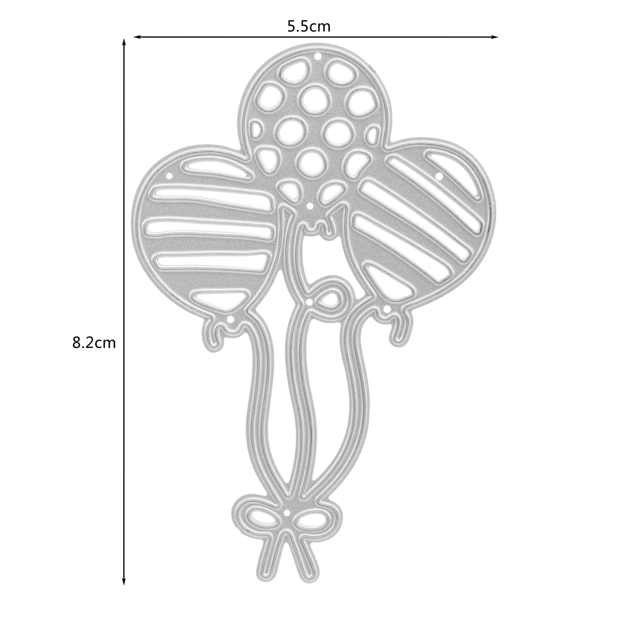 Die Stanzschablone Drei Luftballons mit Muster von Stanzenshop.de zeigt drei Ballons mit Streifen und Punkten, ideal für Scrapbooking und Geburtstagsbasteleien. Größe: 8,2 cm hoch, 5,5 cm breit.