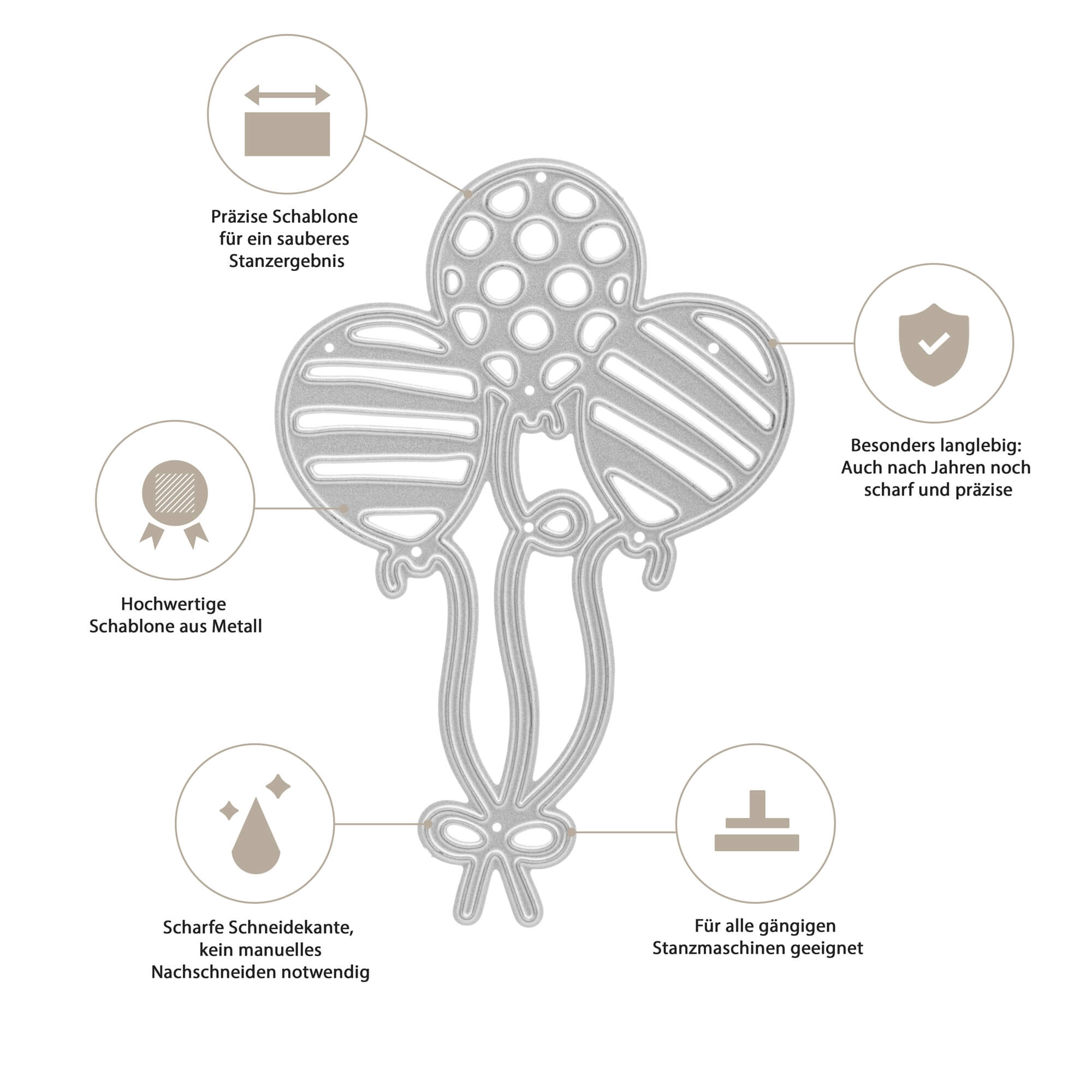 Die Stanzschablone Drei Luftballons mit Muster von Stanzenshop.de ist zentriert, mit vier deutschen Textbeschriftungen, die die Präzision, Haltbarkeit, Qualität und Kompatibilität hervorheben - ideal für Basteln Geburtstag oder Scrapbooking.
