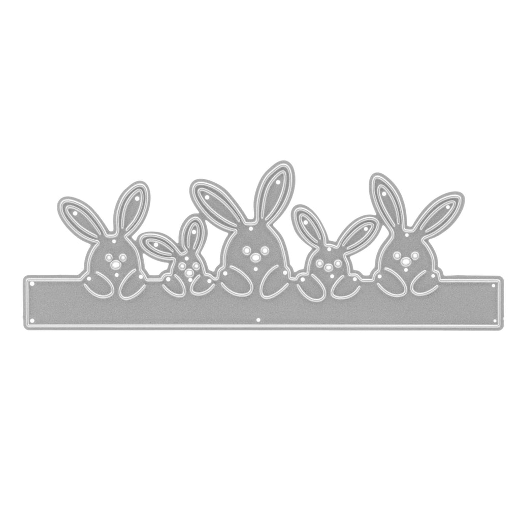 Metall-Stanzschablone mit Bastelergebnis, die fünf Hasensilhouetten in einer Reihe zum Thema Ostern zeigt.
Produktname: Stanzschablone: Reihe aus fünf Osterhasen
Markenname: Stanzenshop.de