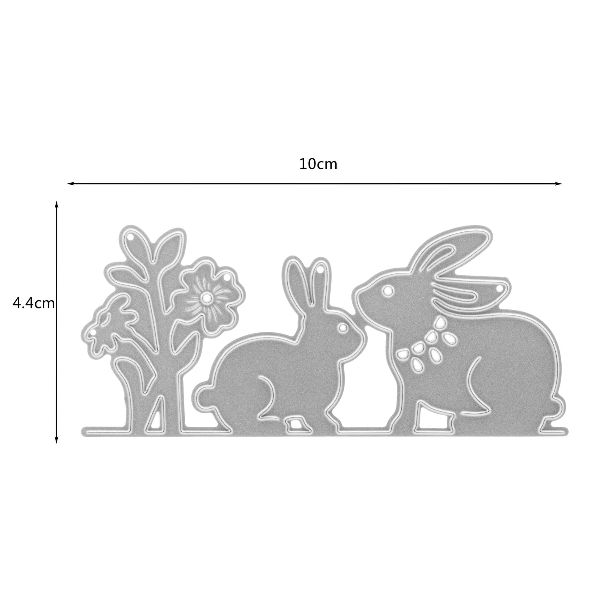 Die Stanzschablone "Zwei Hasen und eine Blume" von Stanzenshop.de ist ideal für Osterbasteleien, mit Abmessungen von 10 cm x 4,4 cm.