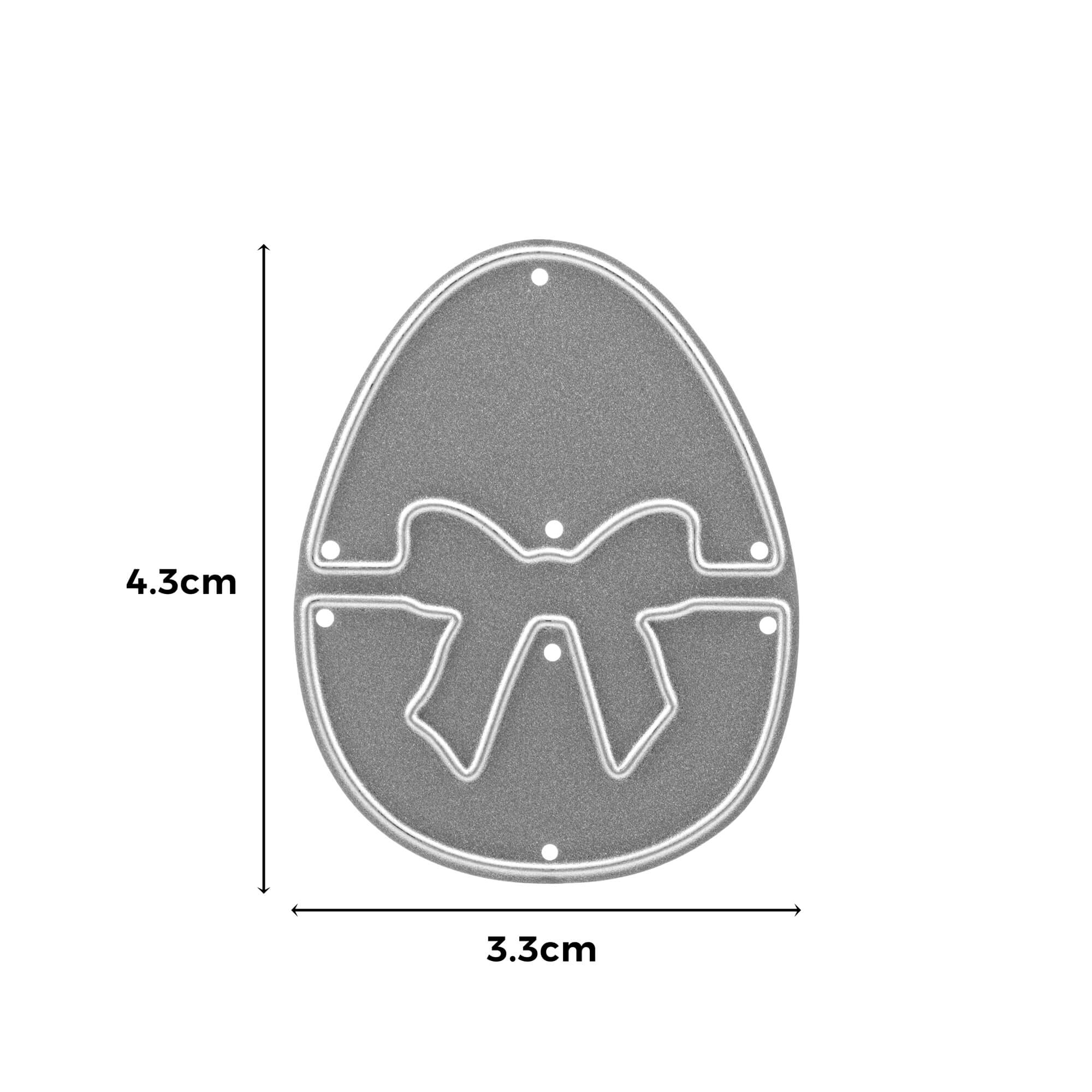 Die Stanzschablone: Osterei mit Schleife von Stanzenshop.de ist eine 4,3 x 3,3 cm große eiförmige Stanzform mit Schleifenmotiv - ideal für Osterstanzen und festliche Backprojekte.