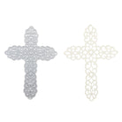 Zwei verschnörkelte "Stanzschablone Großes Kreuz" von Stanzenshop.de - eine silberne, eine cremefarbene mit Schnörkeln - sind nebeneinander auf weißem Grund abgebildet, ideal zum Basteln oder für Karten mit eleganten Kreuzmotiven.