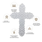 Im Zentrum steht eine dekorative Stanzenshop.de Stanzschablone Großes Kreuz, um die herum fünf deutsche Textsymbole die Präzision, das hochwertige Metall und die Stanzkompatibilität hervorheben - ideal für Basteln und Kartenherstellung.