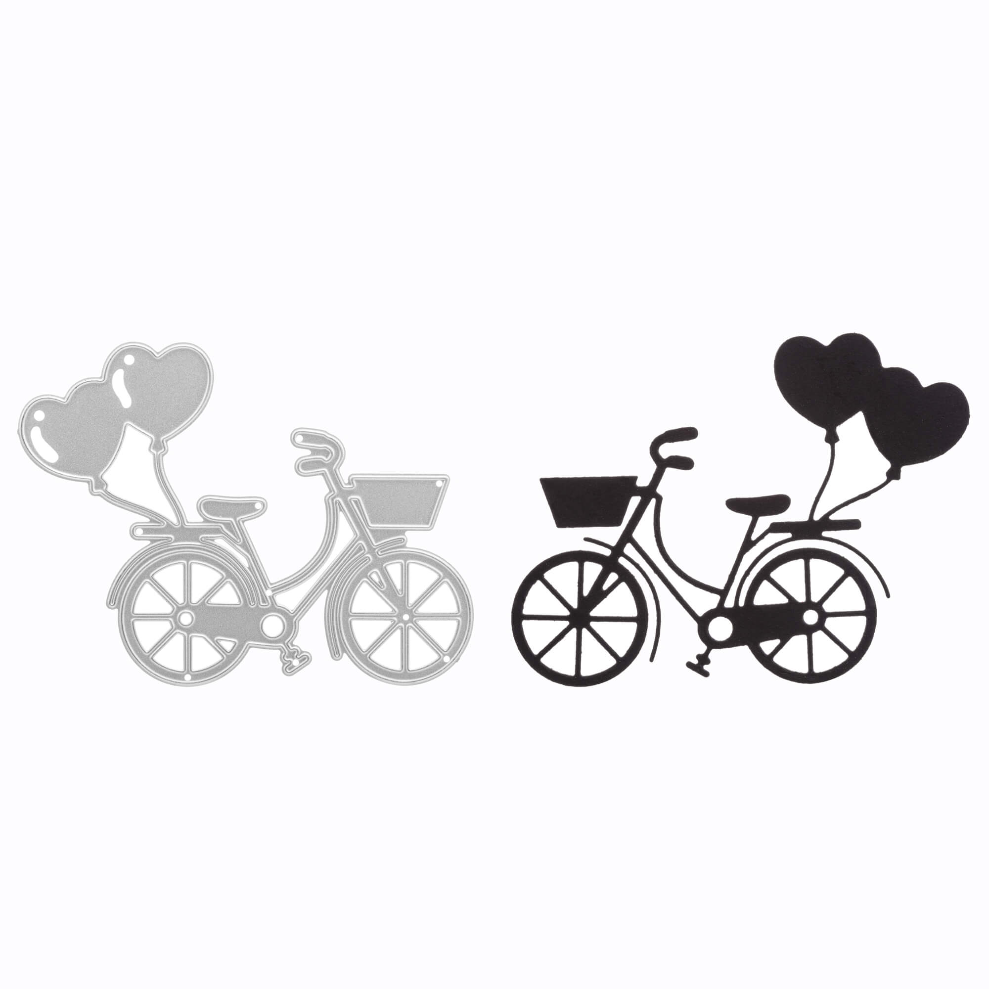 Die "Stanzschablone Fahrrad mit Luftballons" von Stanzenshop.de zeigt zwei Fahrradsilhouetten, eine silberne und eine schwarze, jeweils mit einem Korb und drei Herzluftballons - ideal für Scrapbooking oder Bastelprojekte.