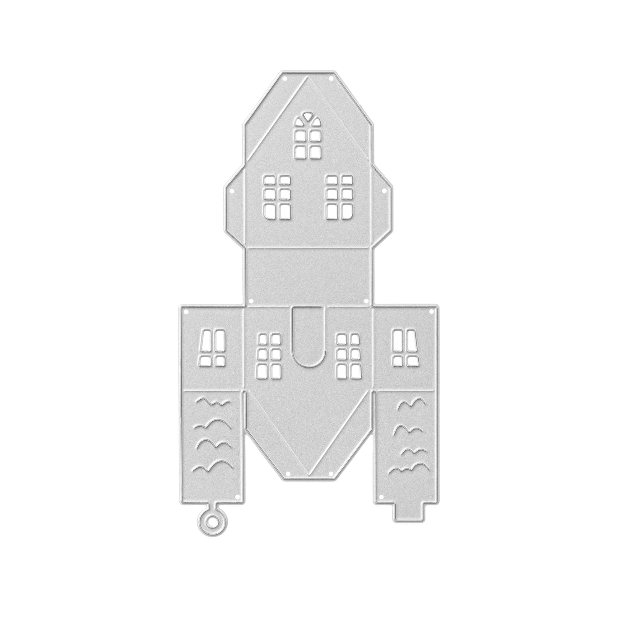 Die Stanzschablone Bastelset Kleines Haus von Stanzenshop.de ist eine silberne Metallstanze in Form eines kleinen Hauses mit Fenstern, kompatibel mit den meisten Stanzmaschinen - ideal für Papierbasteleien, Scrapbooking oder Ihre Bastelset Deko-Projekte.