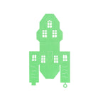 Die Stanzschablone Bastelset Kleines Haus von Stanzenshop.de ist ein flacher, grüner Papierausschnitt mit Fenster- und Türformen zum Falten zu einem 3D-Haus - ideal als Bastelset Deko oder mit Ihrer kompatiblen Stanzmaschine.
