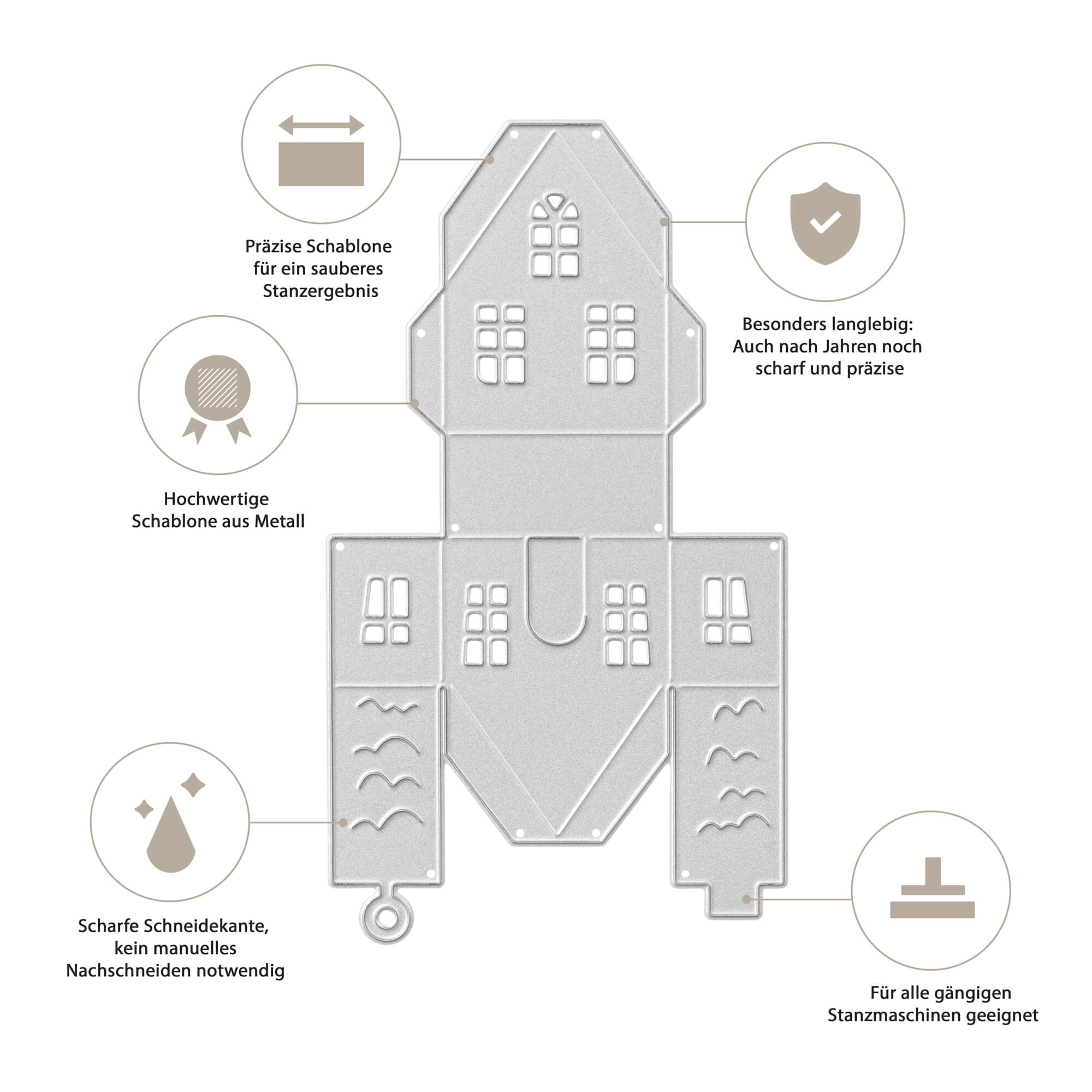 Die Stanzenshop.de Stanzschablone Bastelset Kleines Haus in Silber ist mit vier Symbolen für Präzision, Haltbarkeit, scharfe Kante und kompatible Stanzmaschine ausgestattet - ideal für jedes Bastelset Deko-Projekt.