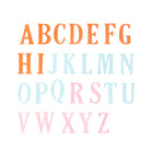 Die Stanzschablone Großes Alphabet Buchstaben von Stanzenshop.de zeigt Großbuchstaben A-Z in Orange, Blau und Rosa auf Weiß - ideal für Scrapbooking oder als Alphabet-Stanzschablone.