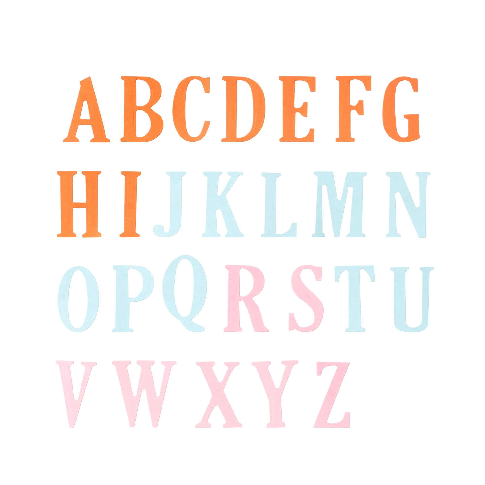 Die Stanzschablone Großes Alphabet Buchstaben von Stanzenshop.de zeigt Großbuchstaben A-Z in Orange, Blau und Rosa auf Weiß - ideal für Scrapbooking oder als Alphabet-Stanzschablone.
