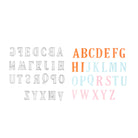 Die Abbildung zeigt die Stanzschablone Großes Alphabet Buchstaben, mit umgekehrten grauen Großbuchstaben A-Z auf der linken Seite und farbenfrohen orange, gelb, blau, teal und pink Optionen auf der rechten Seite-ideal für Scrapbooking.