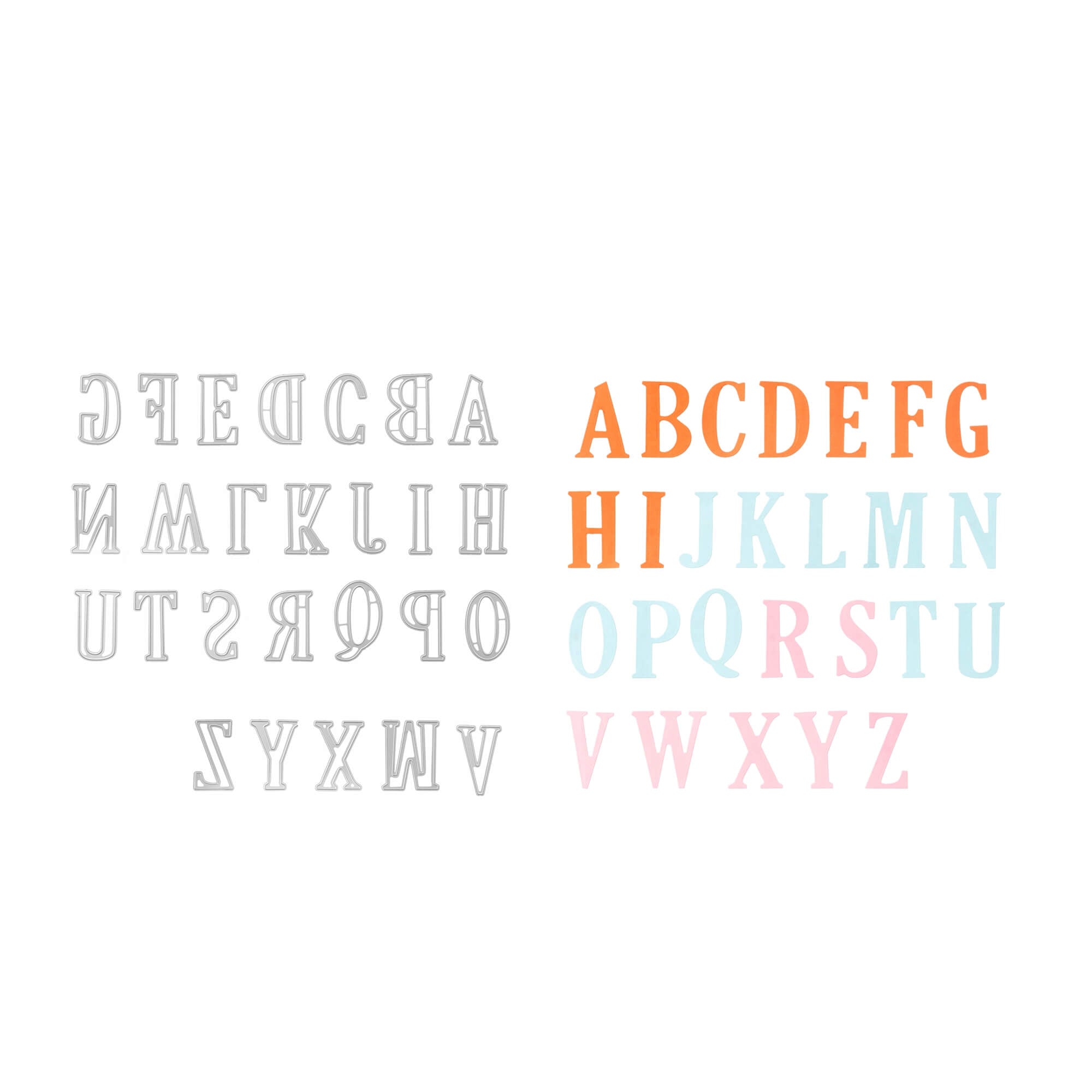 Die Abbildung zeigt die Stanzschablone Großes Alphabet Buchstaben, mit umgekehrten grauen Großbuchstaben A-Z auf der linken Seite und farbenfrohen orange, gelb, blau, teal und pink Optionen auf der rechten Seite-ideal für Scrapbooking.