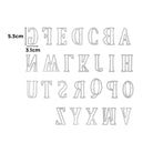 Das Stanzenshop.de Stanzschablone Großes Alphabet Buchstabenset bietet spiegelverkehrte Großbuchstaben von A bis Z für Scrapbooking in einer Größe von bis zu 5,3 x 3,1 cm (z.B. "G"), ideal für kreative Projekte.