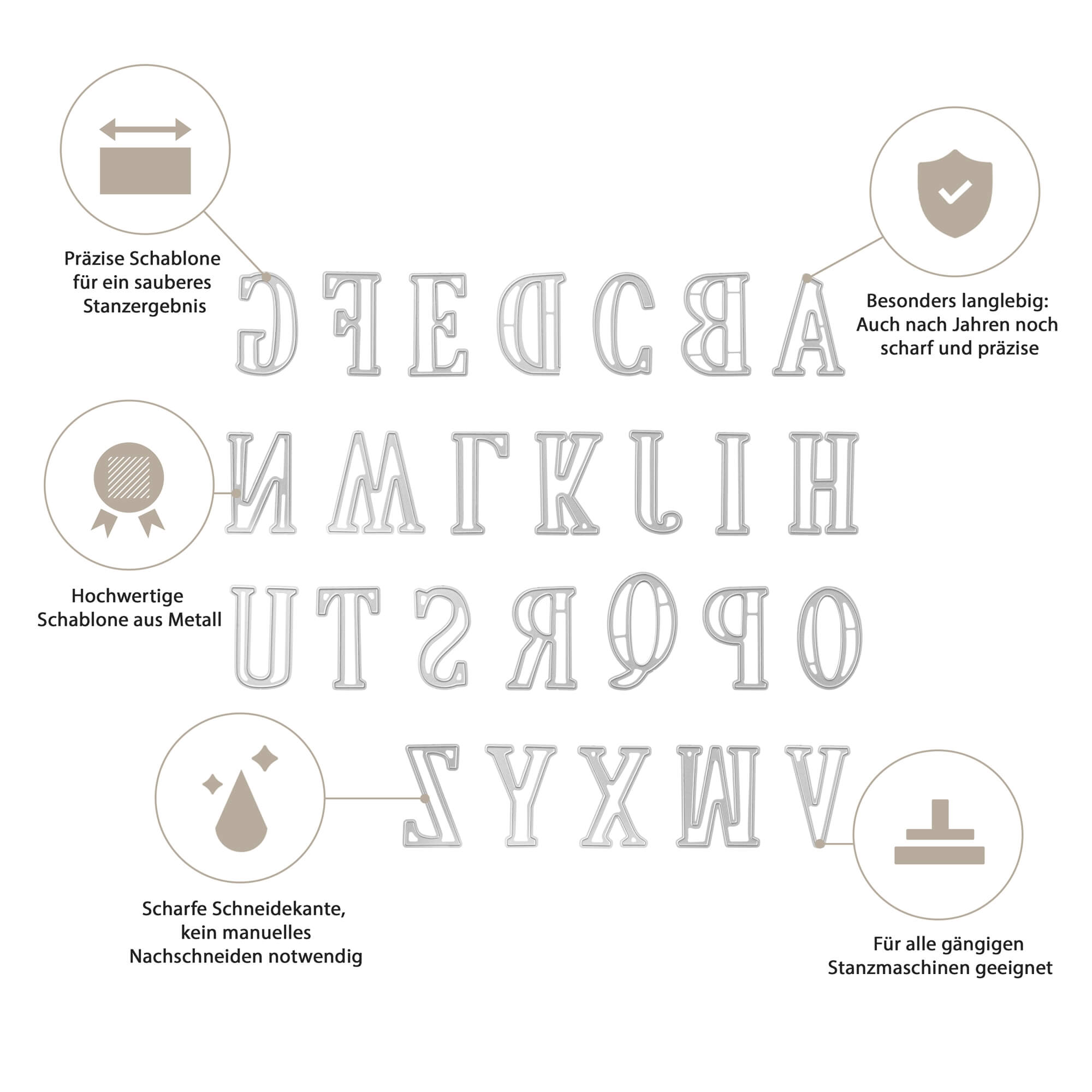 Die Stanzschablone Großes Alphabet Buchstaben von Stanzenshop.de bietet präzise, langlebige Metall-Buchstaben (A-Z) mit scharfen Kanten-perfekt für Scrapbooking und kompatibel mit gängigen Maschinen.