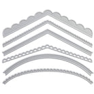 Stanzschablone: Sechs verschiedene Kanten von Stanzenshop.de - sechs silberne Metallschablonen mit gebogenen und gewellten Kanten, ideal für Kartenbasteln oder Scrapbooking, parallel auf weißem Hintergrund angeordnet.