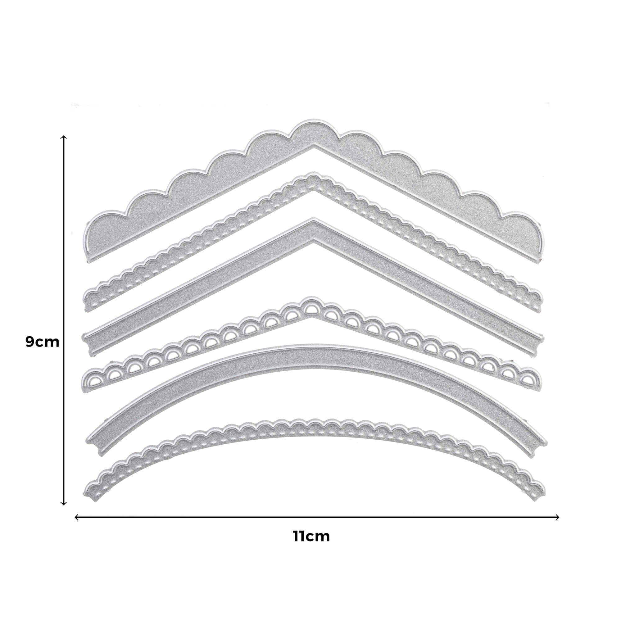 Stanzschablone: Sechs verschiedene Kanten von Stanzenshop.de enthält 6 Metall-Schneidedies in geschwungenen und gewellten Designs, ideal für Scrapbooking oder Kartenbasteln. Größen von klein bis groß, max. 9 x 11 cm.