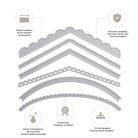 Stanzschablone: Sechs verschiedene Kanten von Stanzenshop.de - Set mit 6 silbernen Schneideschablonen in Wellen- und Zickzack-Designs, ideal für Kartenbasteln & Scrapbooking. Deutsche Texte & Icons betonen Präzision, Haltbarkeit & Kompatibilität.