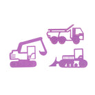 Stanzenshop.de Stanzschablone Baufahrzeuge: Lila Schablonen von Kippern, Baggern & Planierraupen auf Weiß - ideal für Bastelprojekte.