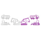 Sechs gestanzte Stanzschablonen Baufahrzeuge von Stanzenshop.de - drei in Silbermetallic, drei in Lila - zeigen einen Kipper, einen Bagger und eine Planierraupe. Perfekt für Basteln, werden diese Formen auf einem schlichten weißen Hintergrund dargestellt.