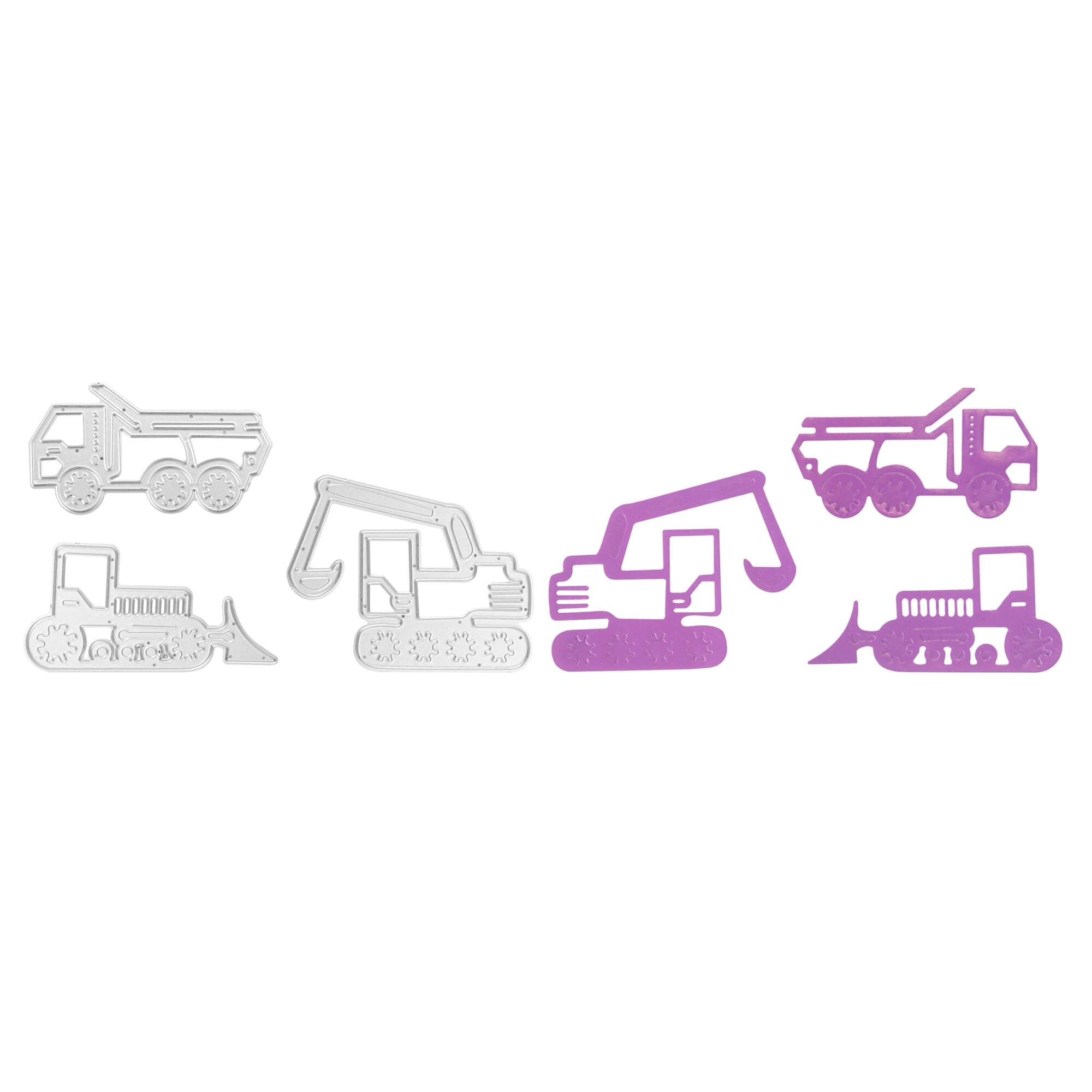 Sechs gestanzte Stanzschablonen Baufahrzeuge von Stanzenshop.de - drei in Silbermetallic, drei in Lila - zeigen einen Kipper, einen Bagger und eine Planierraupe. Perfekt für Basteln, werden diese Formen auf einem schlichten weißen Hintergrund dargestellt.