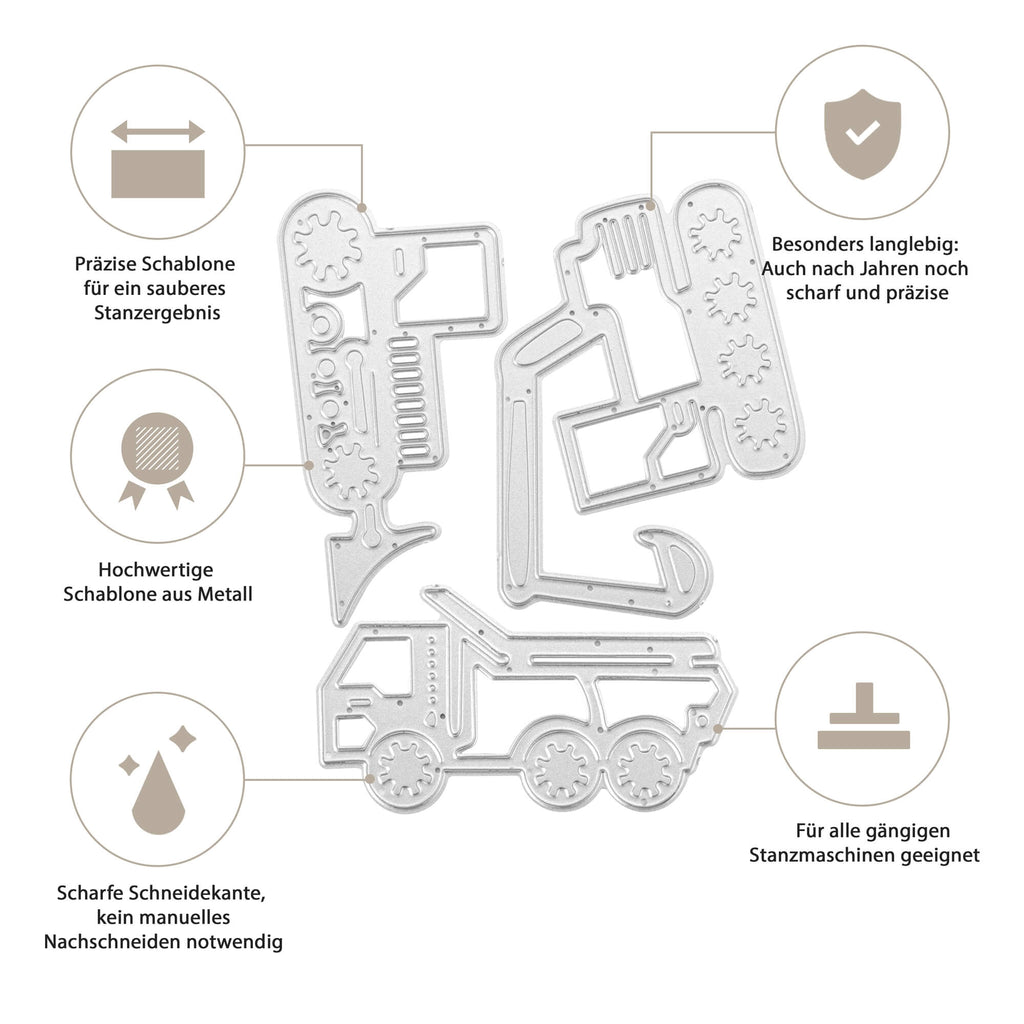 Die Stanzschablone Baufahrzeuge von Stanzenshop.de besticht durch Präzision, hochwertige Metallkonstruktion, scharfe Schneide, außerordentliche Haltbarkeit und Kompatibilität mit allen gängigen Stanzmaschinen. Perfekt für Scrapbooking-Projekte oder zum Erreichen eines makellosen Bastelergebnisses bei jedem kreativen Vorhaben.