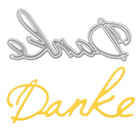 Die Stanzschablone: Schriftzug Danke von Stanzenshop.de ist eine silber-metallische, elegante, kursive Stanzform, die sich perfekt für kreative Danksagungskarten eignet und auf einem passenden gelben Papierausschnitt abgebildet ist.