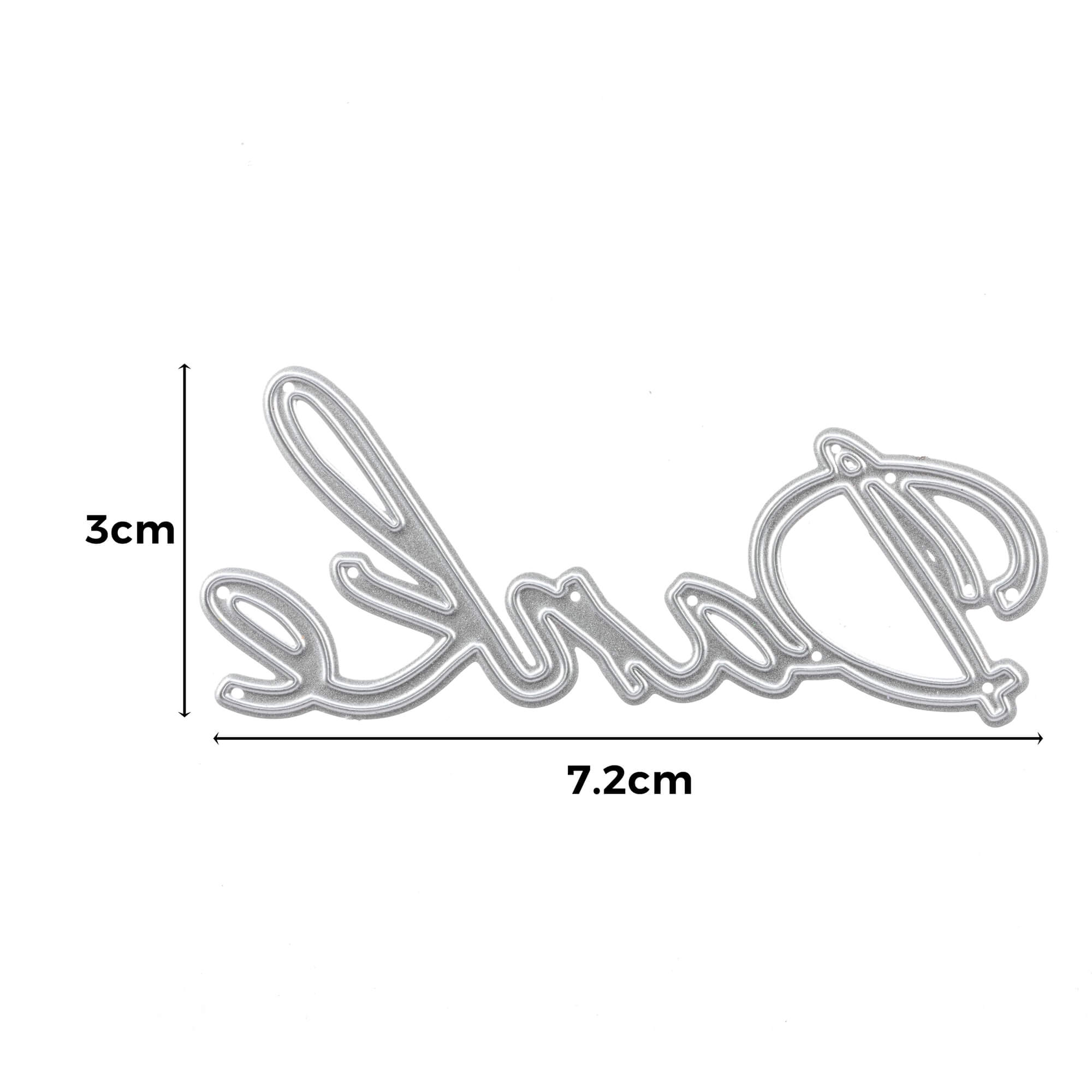 Die Stanzschablone "Schriftzug Danke" von Stanzenshop.de ist ein silberner Metallstempel in Schreibschrift, ideal für Dankeskarten gestalten. Abmessungen: 3 cm x 7,2 cm.