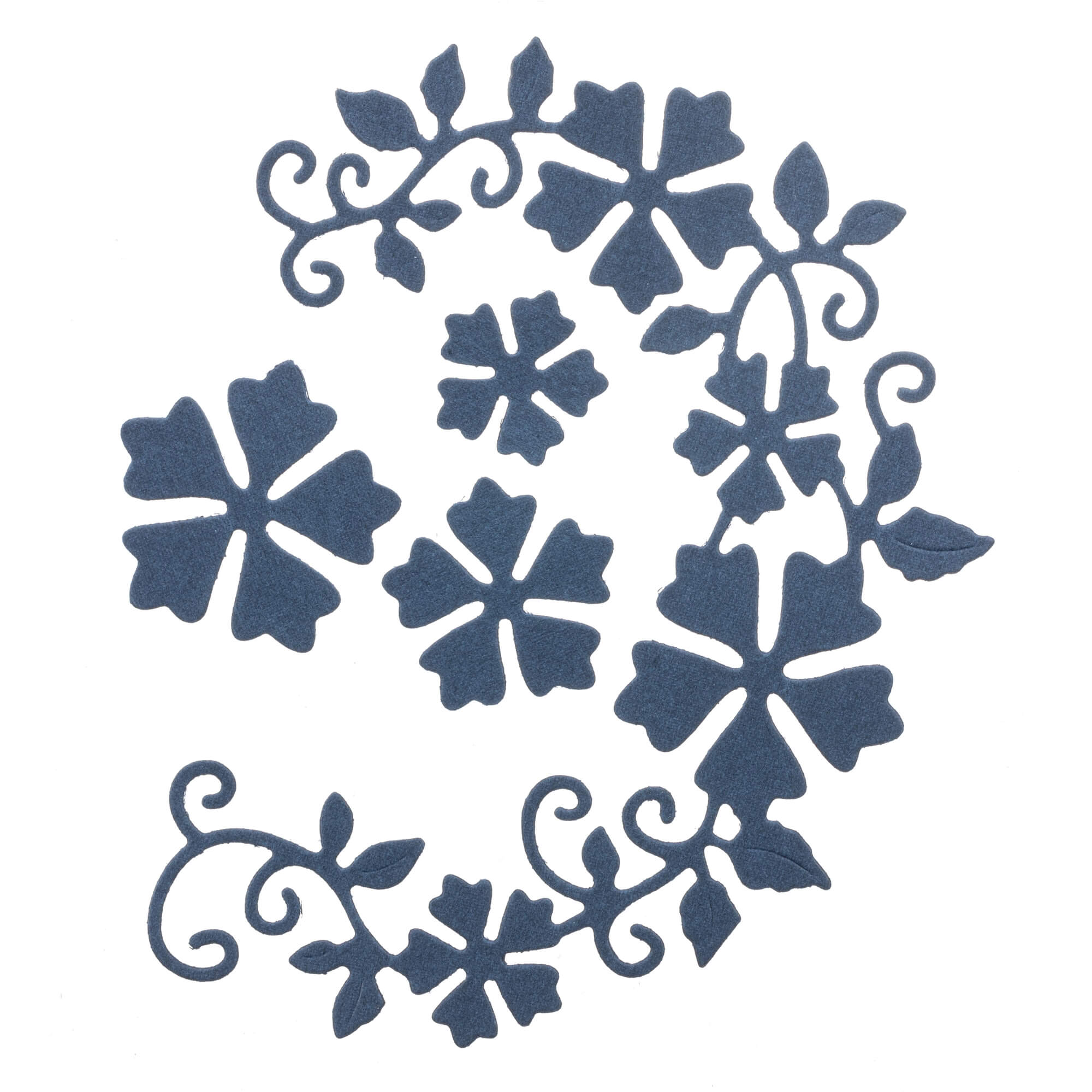 Die Stanzschablone: Blumenrand von Stanzenshop.de zeigt dunkelblaue Blumen- und Blattausschnitte in einem wirbelnden Muster, perfekt für Scrapbooking oder Bastelprojekte auf weißem Hintergrund.