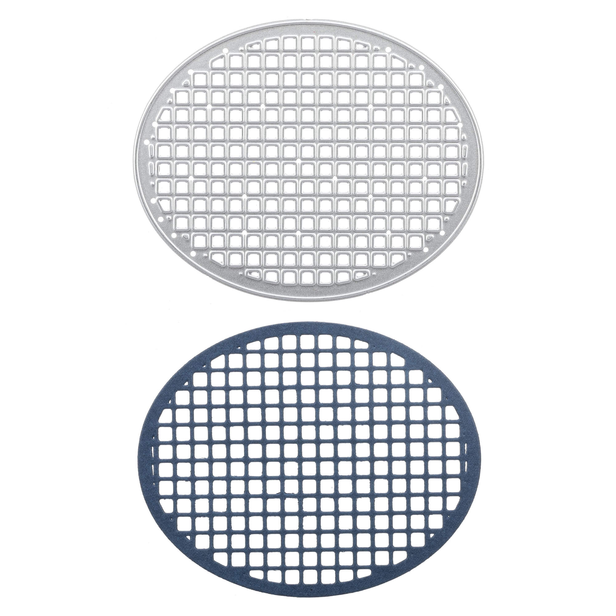 Zwei runde, gitterartig gemusterte Metallgitter von Stanzschablone: Blumenrand von Stanzenshop.de sind vor weißem Hintergrund abgebildet - oben ein silberfarbenes und unten ein schwarzes - ideal für Scrapbooking oder Bastelprojekte.