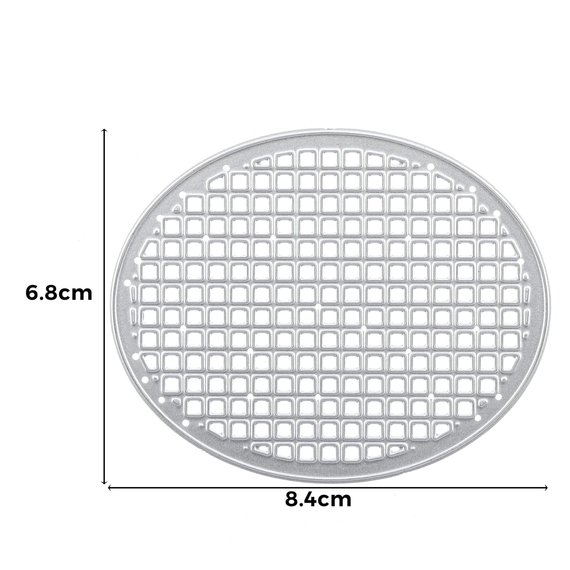 Die Stanzschablone: Blumenrand von Stanzenshop.de ist ein rundes Metallgitter mit quadratischen Löchern (6,8 x 8,4 cm), perfekt für Bastelprojekte oder Scrapbooking, mit Messlinien und Beschriftungen neben dem Gitter.